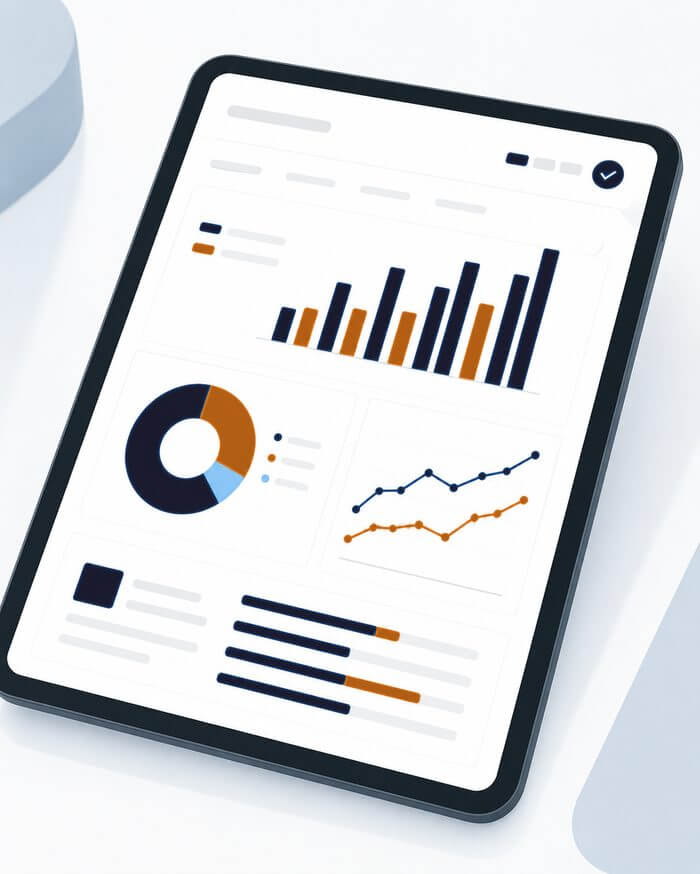 Abstract illustration of a QMindset evaluation report with charts on a tablet